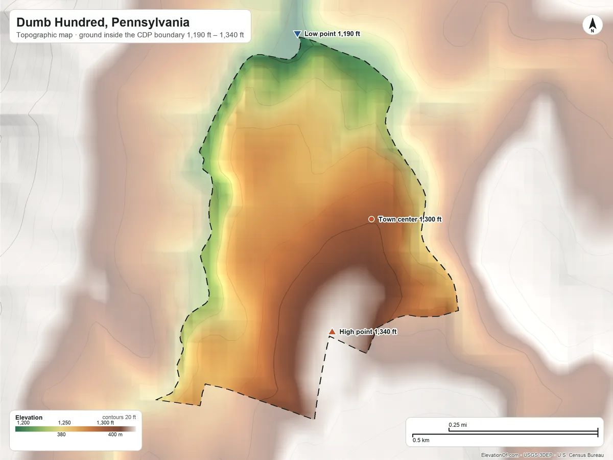 Topographic elevation map of Dumb Hundred, Pennsylvania, shaded from 1,190 ft on the north side to 1,340 ft at the foot of the Tussey Mountain