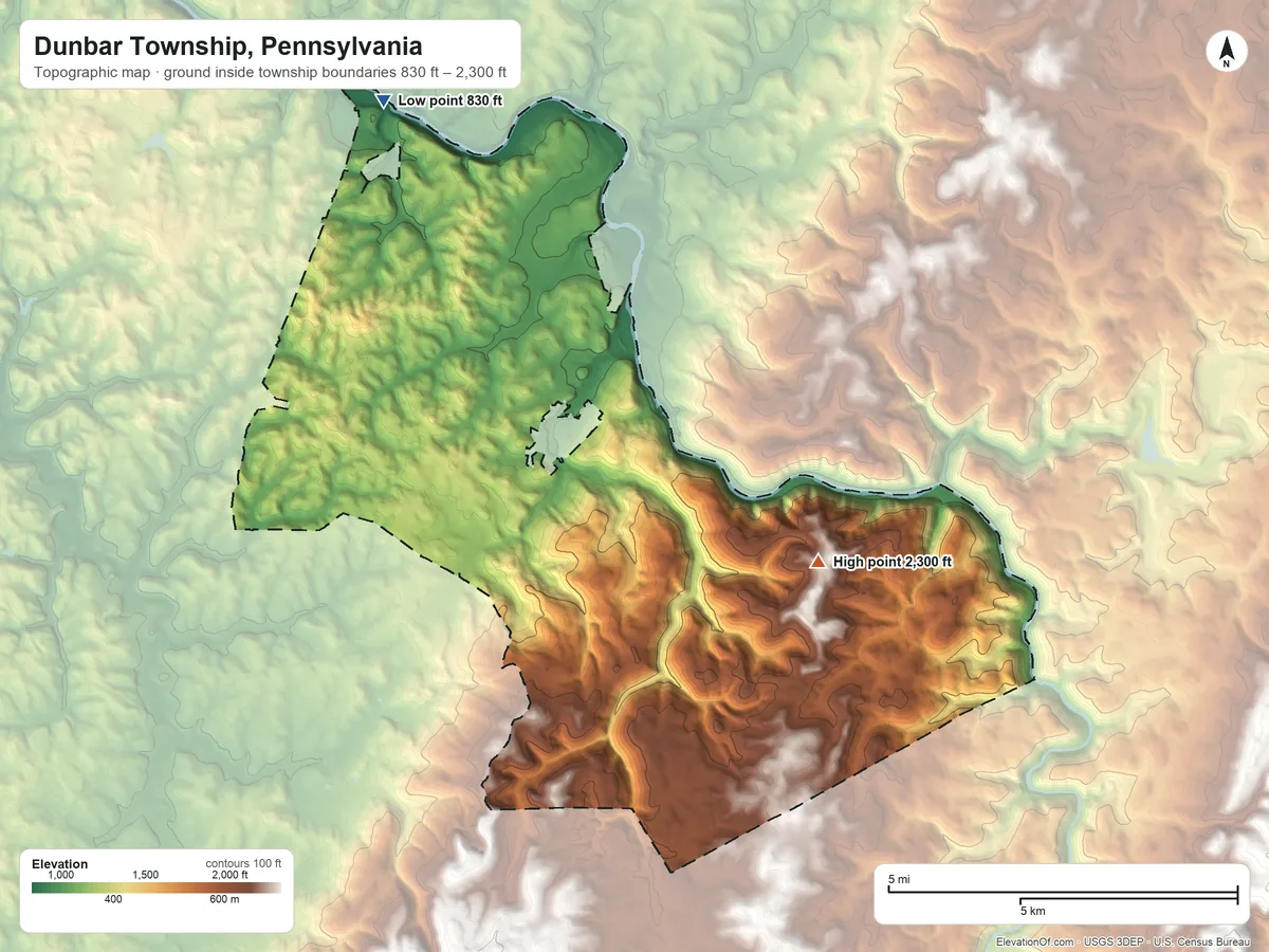 Topographic elevation map of Dunbar Township, Pennsylvania, shaded from 830 ft on the northwest side to 2,300 ft on Elk Rock