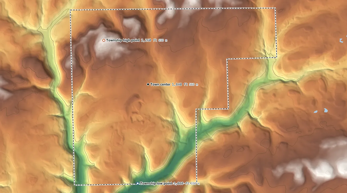 Topographic elevation map of Duncan Township, Pennsylvania, shaded from 1,080 ft on the south side to 2,260 ft on Goat Ranch Hill