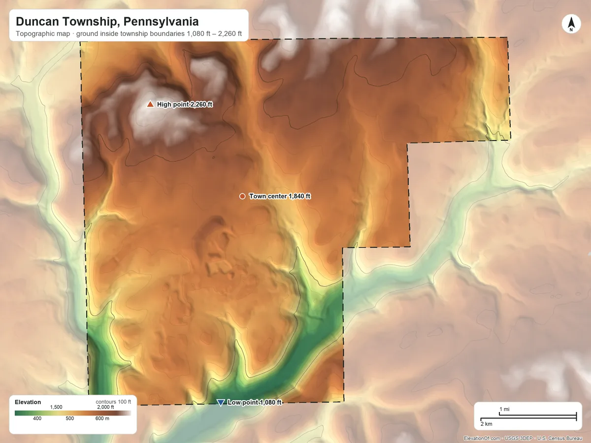 Topographic elevation map of Duncan Township, Pennsylvania, shaded from 1,080 ft on the south side to 2,260 ft on Goat Ranch Hill