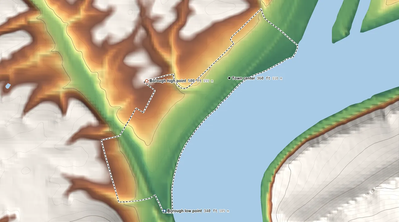 Topographic elevation map of Duncannon, Pennsylvania, shaded from 340 ft on the southwest side to 500 ft at the foot of the Little Mountain