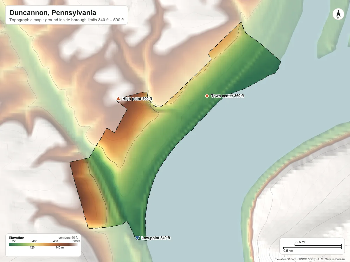 Topographic elevation map of Duncannon, Pennsylvania, shaded from 340 ft on the southwest side to 500 ft at the foot of the Little Mountain