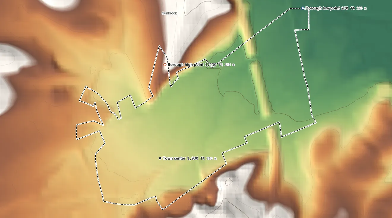 Topographic elevation map of Duncansville, Pennsylvania, shaded from 970 ft on the northeast side to 1,130 ft on the north edge, below higher ground just outside