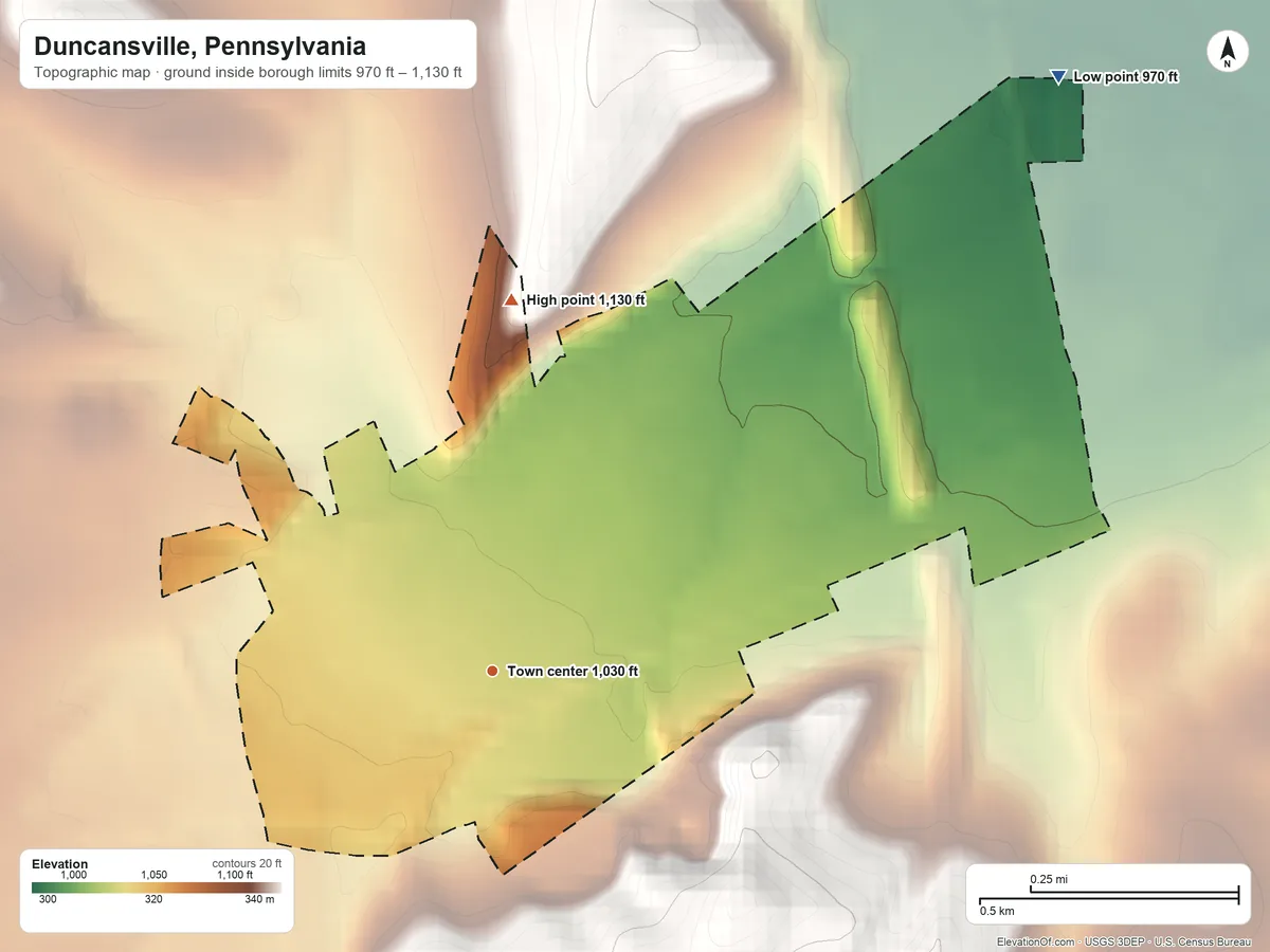 Topographic elevation map of Duncansville, Pennsylvania, shaded from 970 ft on the northeast side to 1,130 ft on the north edge, below higher ground just outside