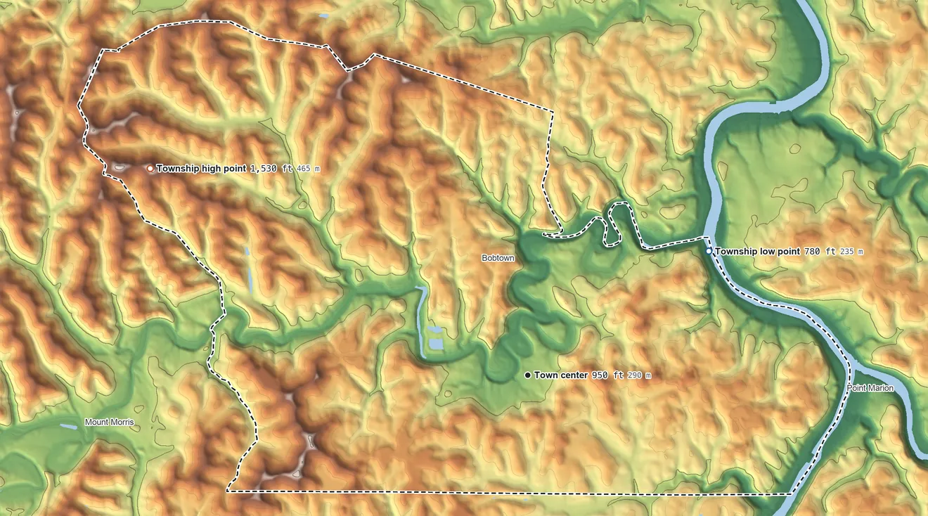Topographic elevation map of Dunkard Township, Pennsylvania, shaded from 780 ft on the northeast side to 1,530 ft on the northwest side