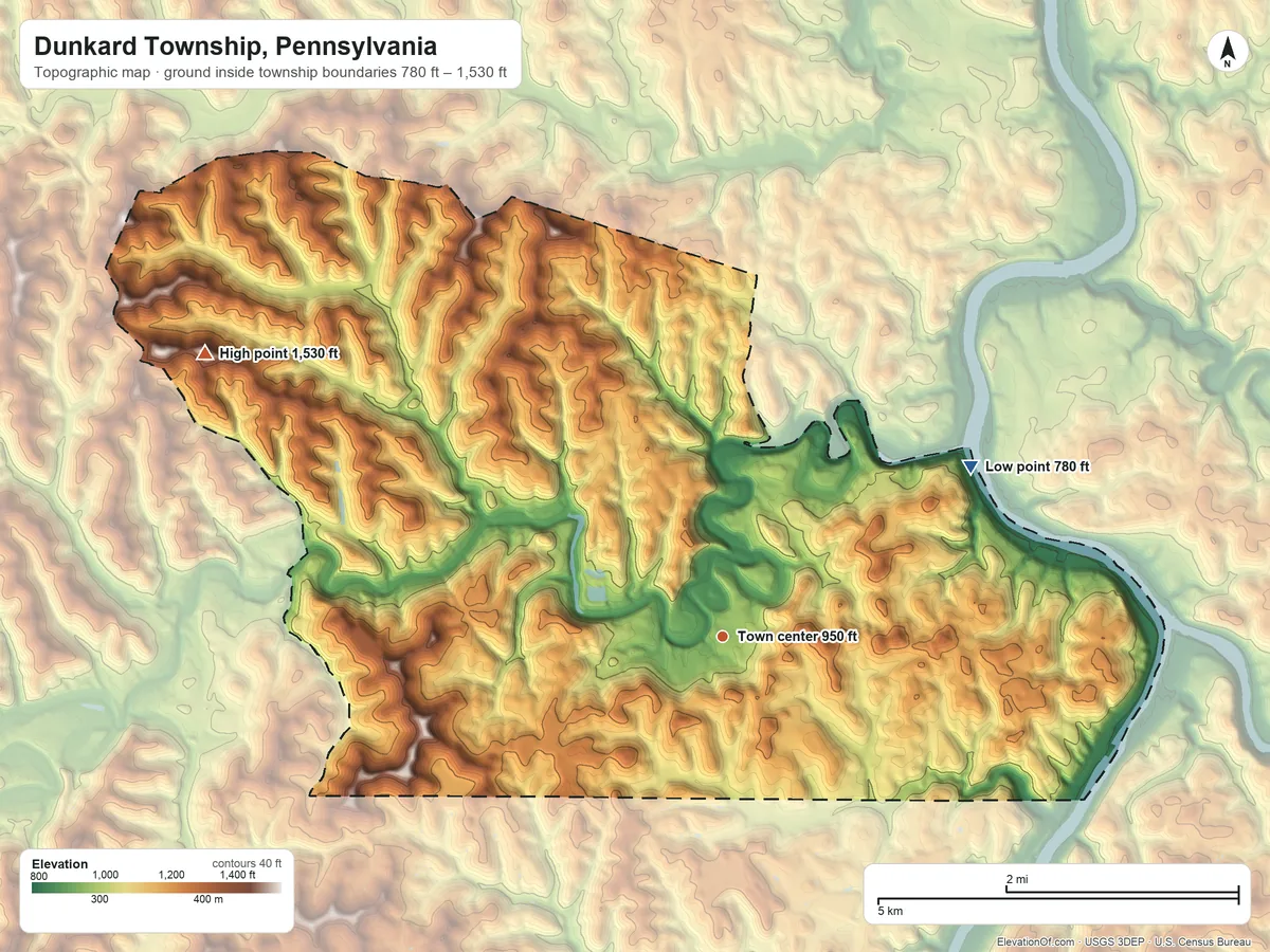 Topographic elevation map of Dunkard Township, Pennsylvania, shaded from 780 ft on the northeast side to 1,530 ft on the northwest side