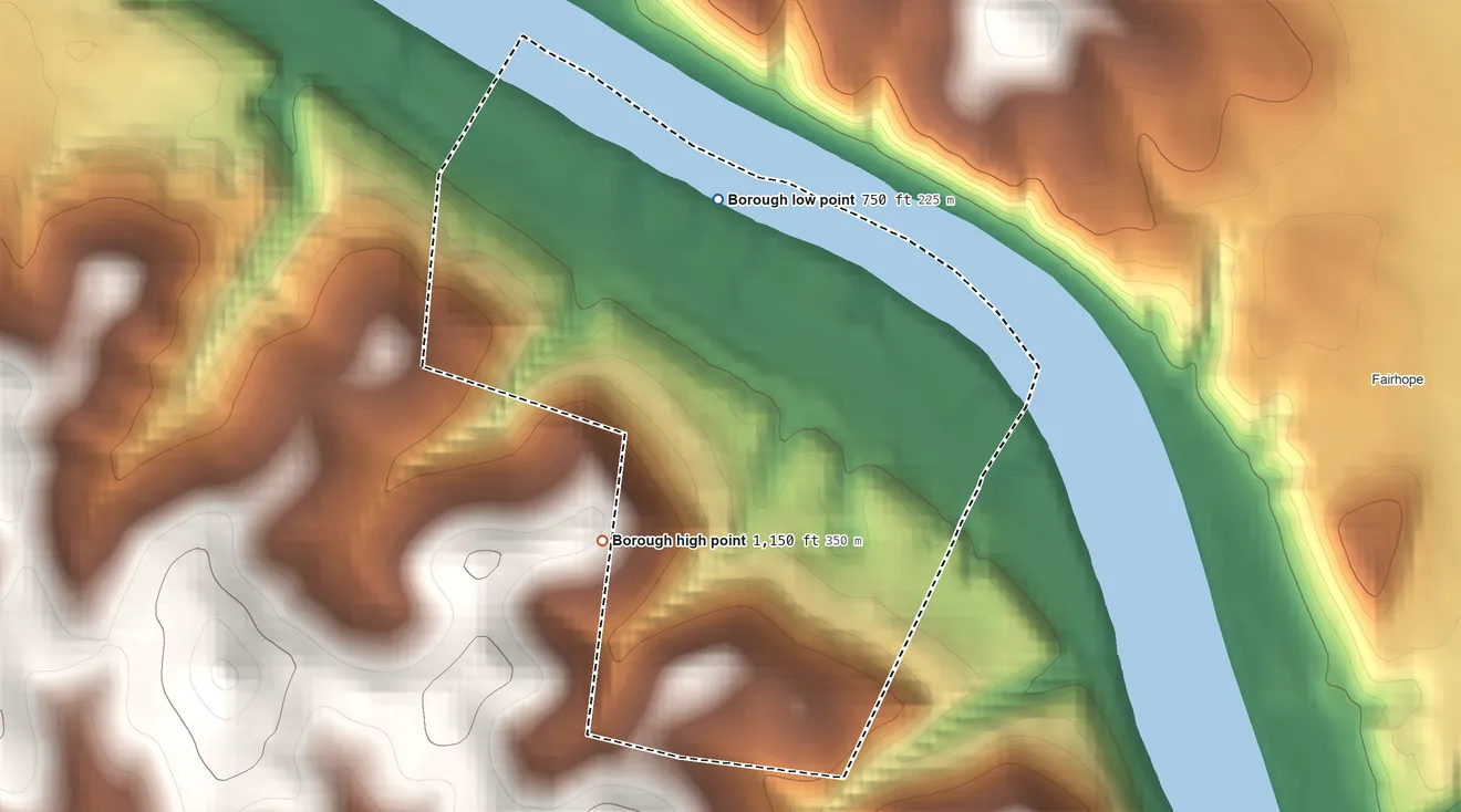 Topographic elevation map of Dunlevy, Pennsylvania, shaded from 750 ft on the north side to 1,150 ft on the southwest side