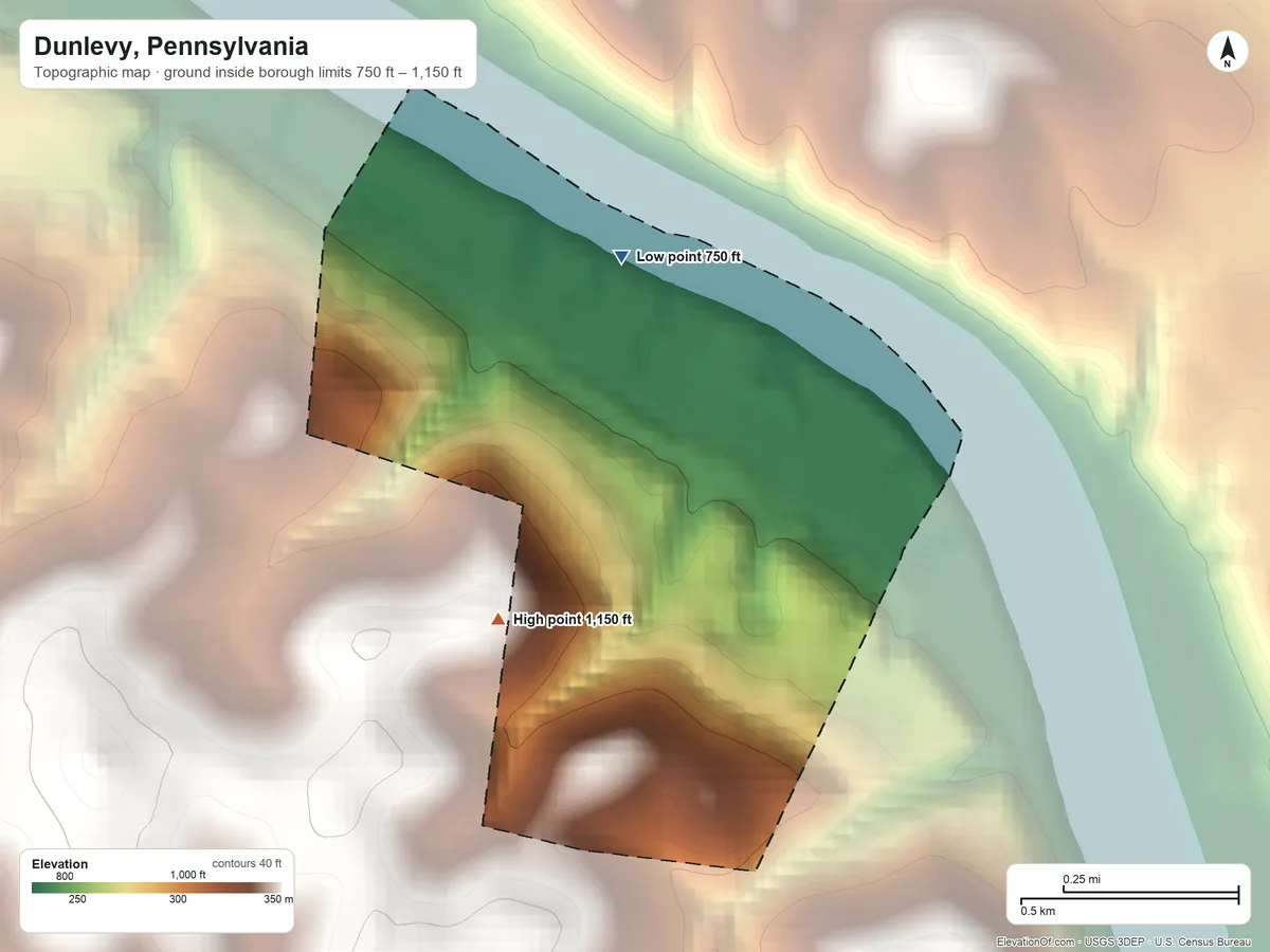 Topographic elevation map of Dunlevy, Pennsylvania, shaded from 750 ft on the north side to 1,150 ft on the southwest side