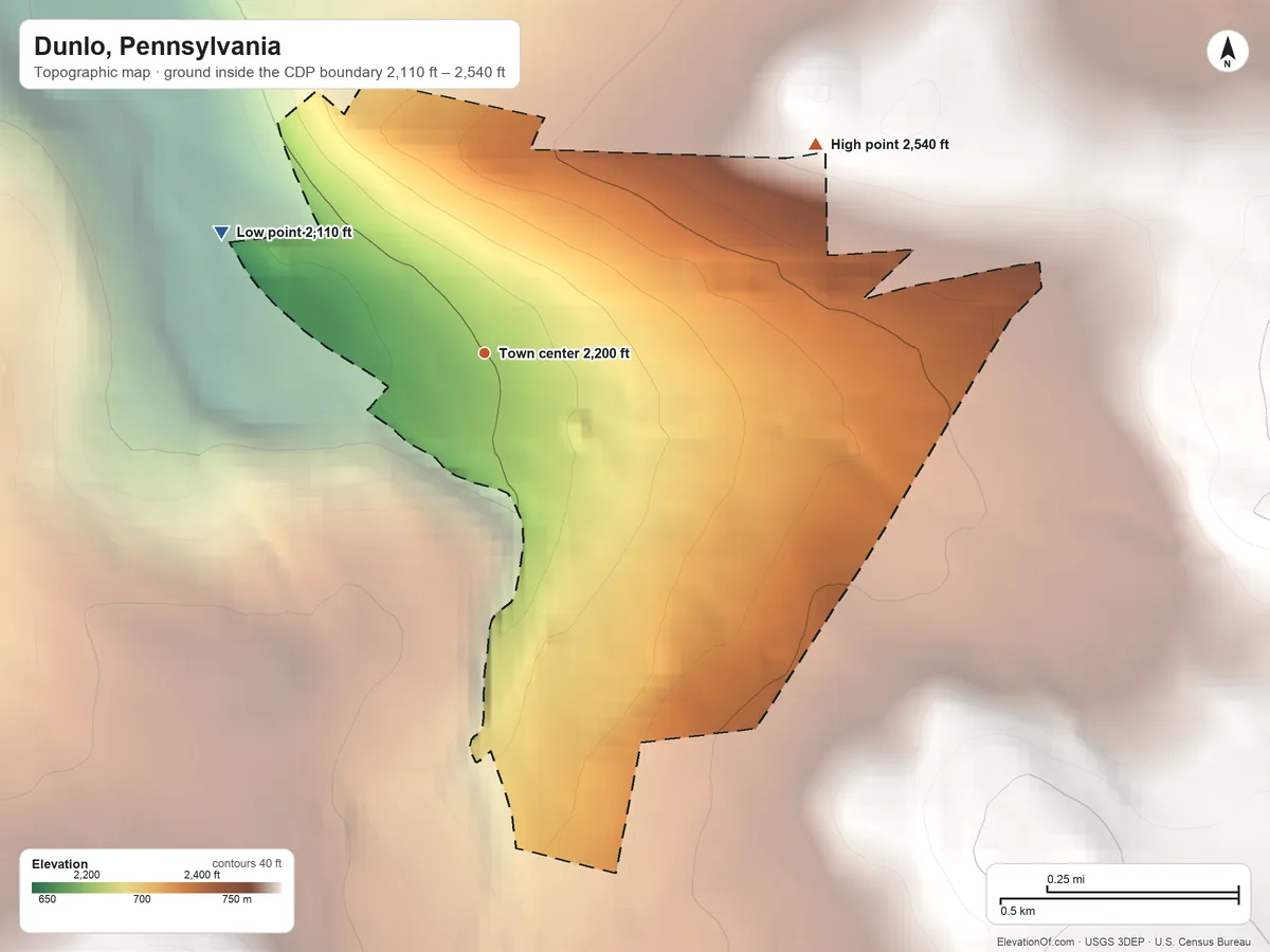 Topographic elevation map of Dunlo, Pennsylvania, shaded from 2,110 ft on the northwest side to 2,540 ft on the northeast side