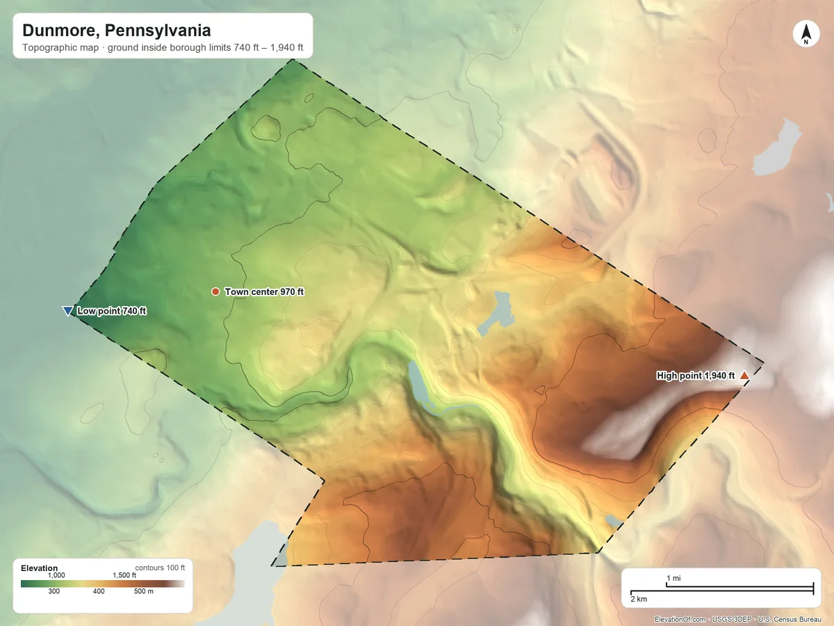 Topographic elevation map of Dunmore, Pennsylvania, shaded from 740 ft on the west side to 1,940 ft on the east side