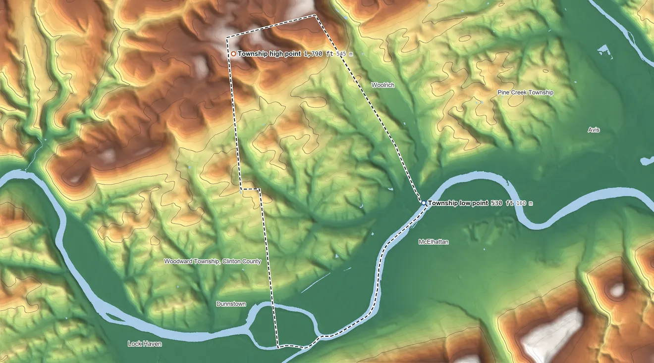 Topographic elevation map of Dunnstable Township, Pennsylvania, shaded from 530 ft on the east side to 1,790 ft on the northwest side