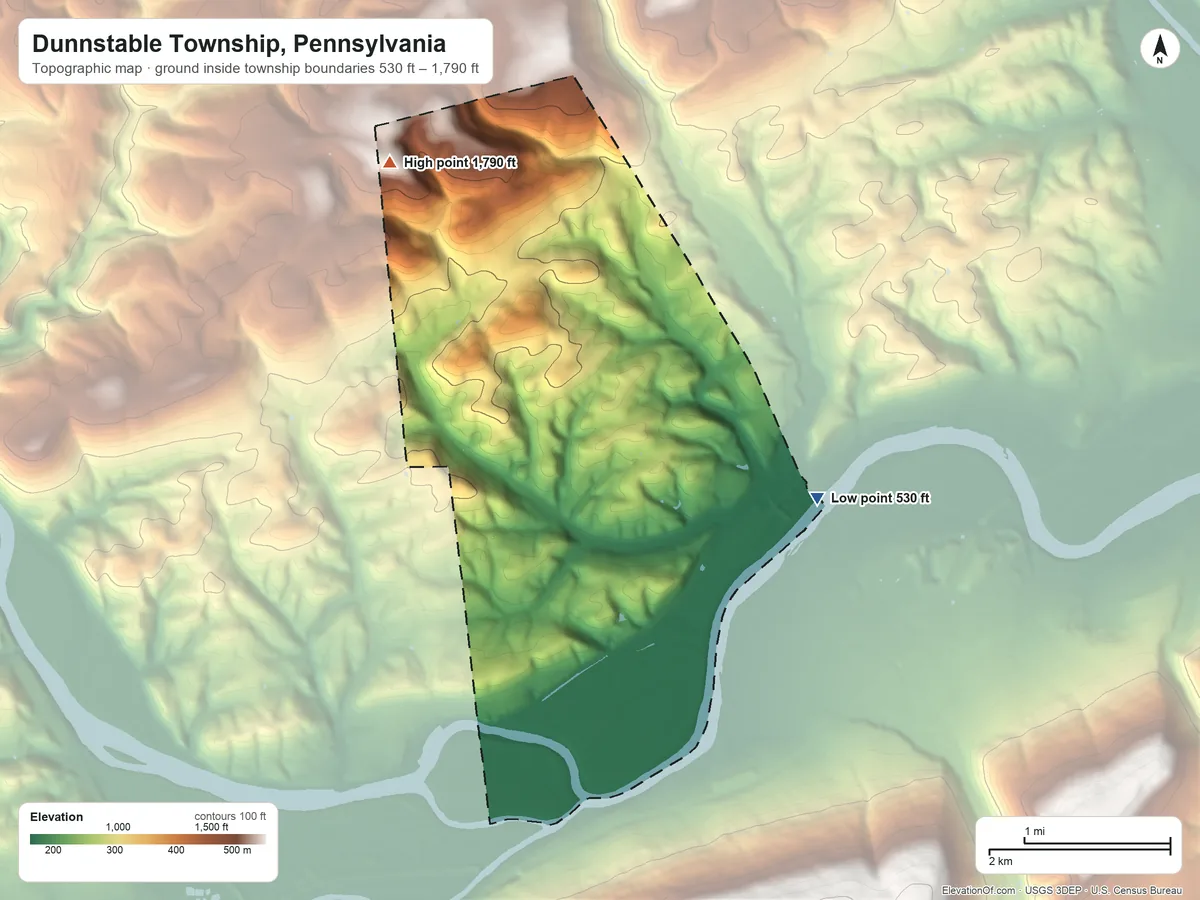 Topographic elevation map of Dunnstable Township, Pennsylvania, shaded from 530 ft on the east side to 1,790 ft on the northwest side