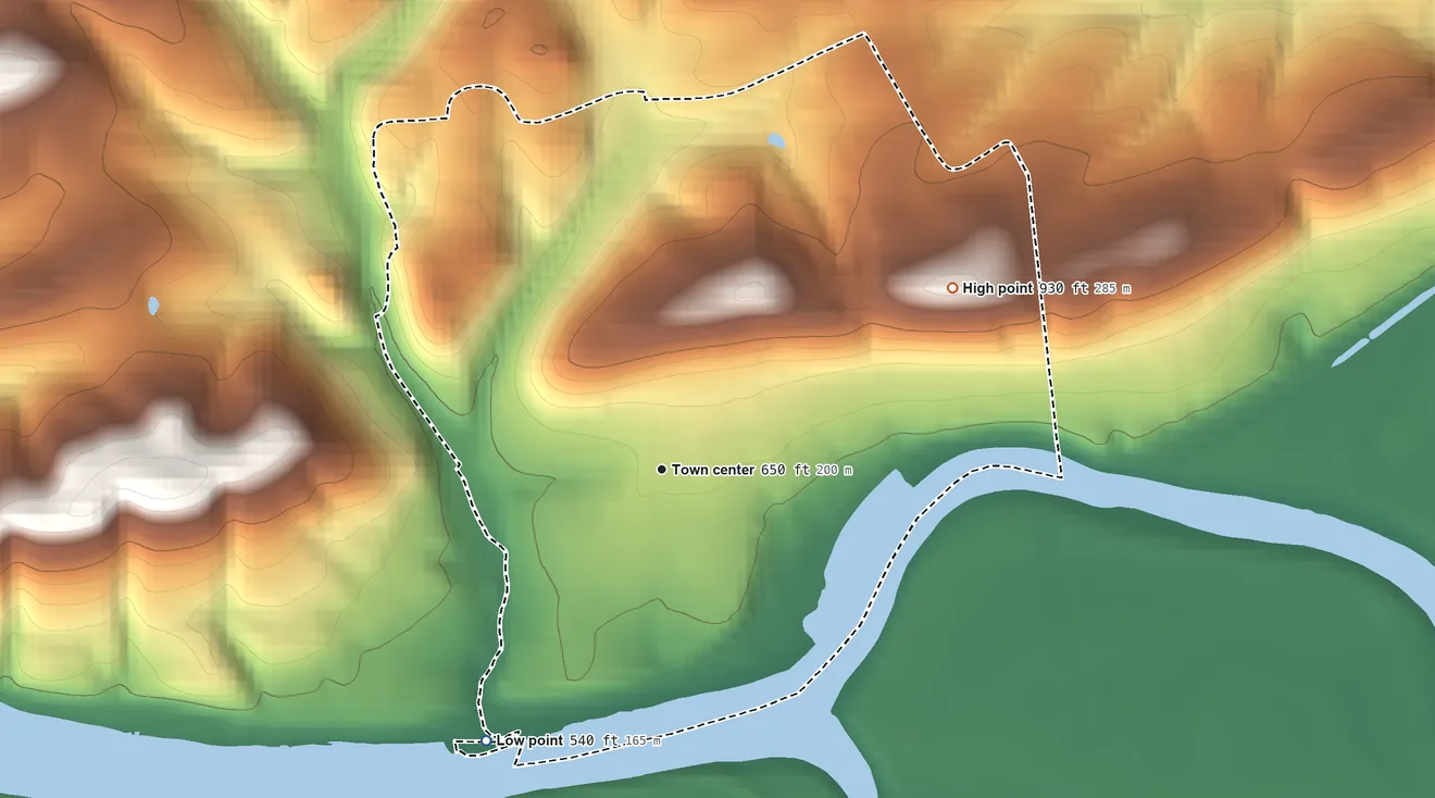 Topographic elevation map of Dunnstown, Pennsylvania, shaded from 540 ft on the southwest side to 930 ft on the northeast edge, below higher ground just outside