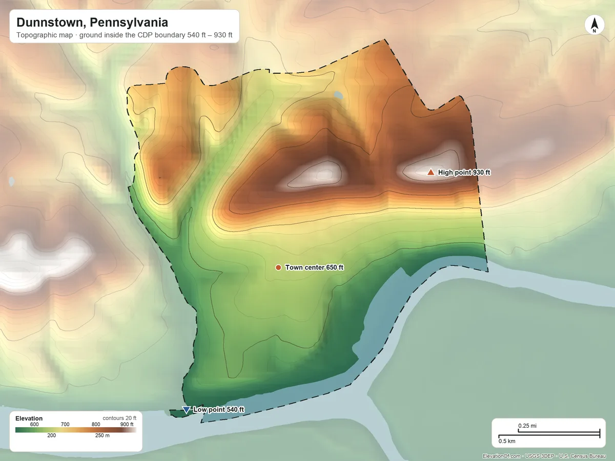Topographic elevation map of Dunnstown, Pennsylvania, shaded from 540 ft on the southwest side to 930 ft on the northeast edge, below higher ground just outside