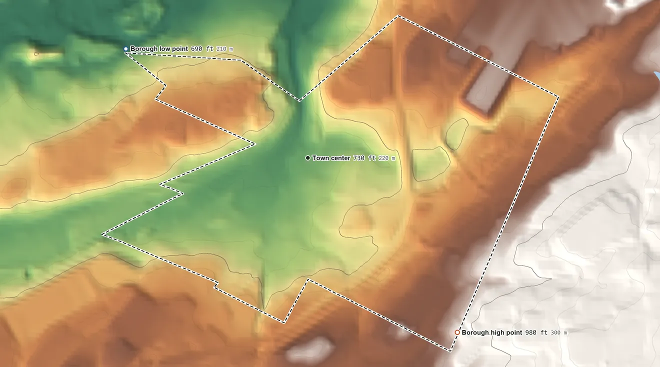 Topographic elevation map of Dupont, Pennsylvania, shaded from 690 ft on the northwest side to 980 ft on the southeast edge, below higher ground just outside