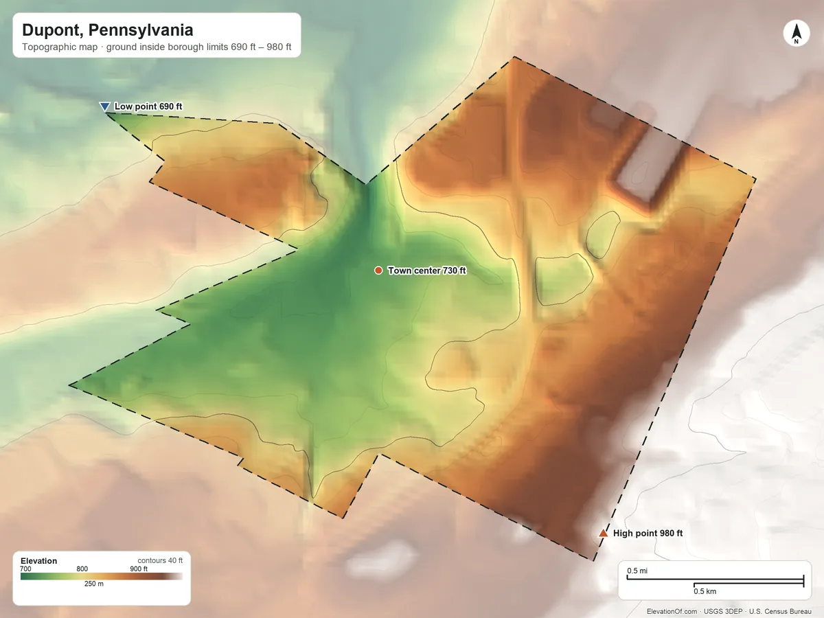 Topographic elevation map of Dupont, Pennsylvania, shaded from 690 ft on the northwest side to 980 ft on the southeast edge, below higher ground just outside