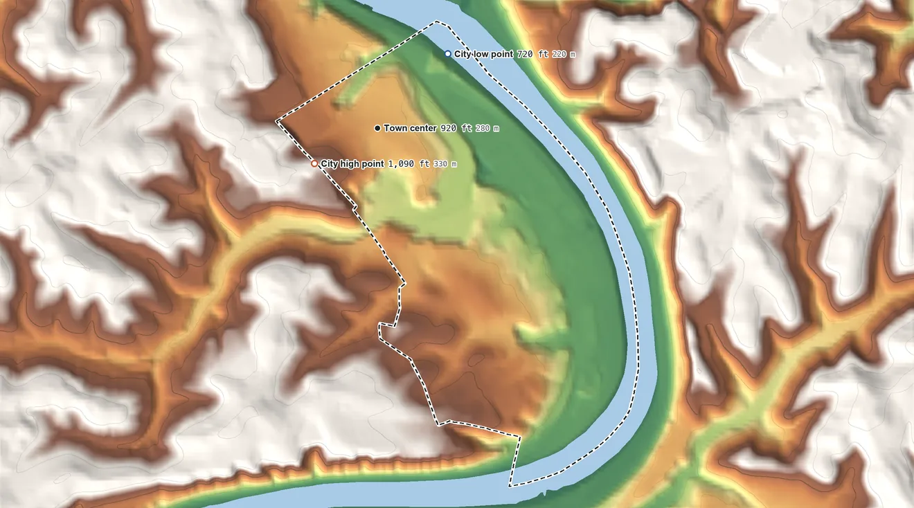 Topographic elevation map of Duquesne, Pennsylvania, shaded from 720 ft on the northeast side to 1,090 ft on the southwest side