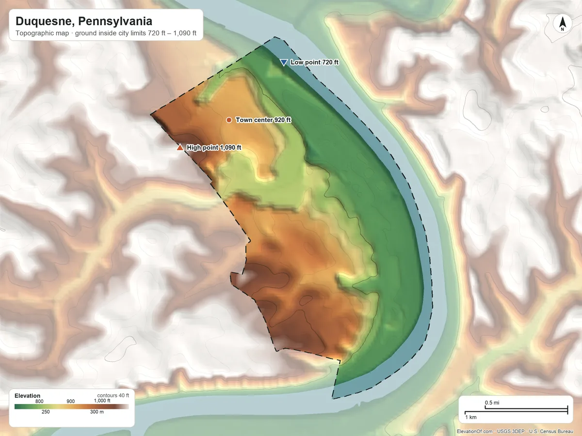 Topographic elevation map of Duquesne, Pennsylvania, shaded from 720 ft on the northeast side to 1,090 ft on the southwest side