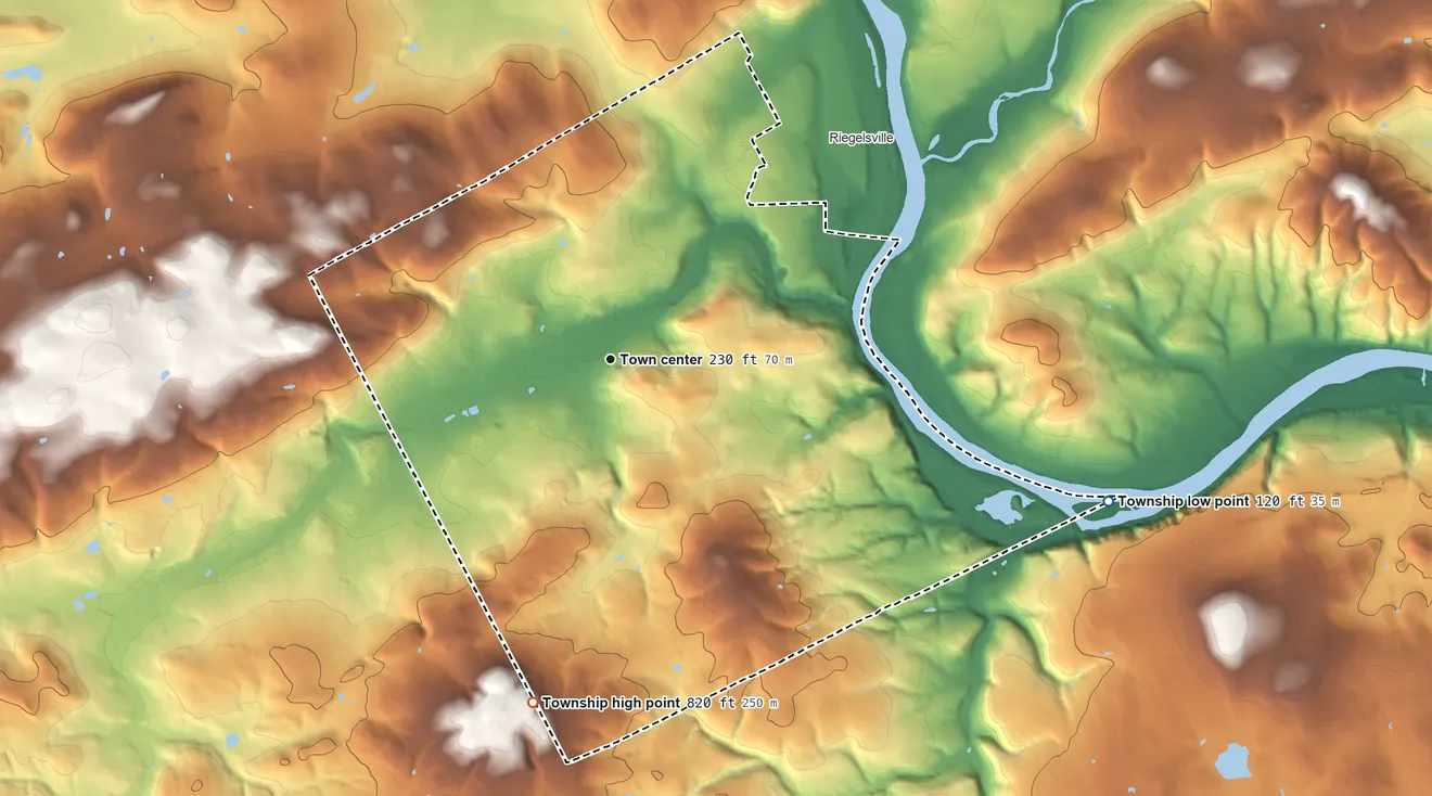 Topographic elevation map of Durham Township, Pennsylvania, shaded from 120 ft on the east side to 820 ft on the south side