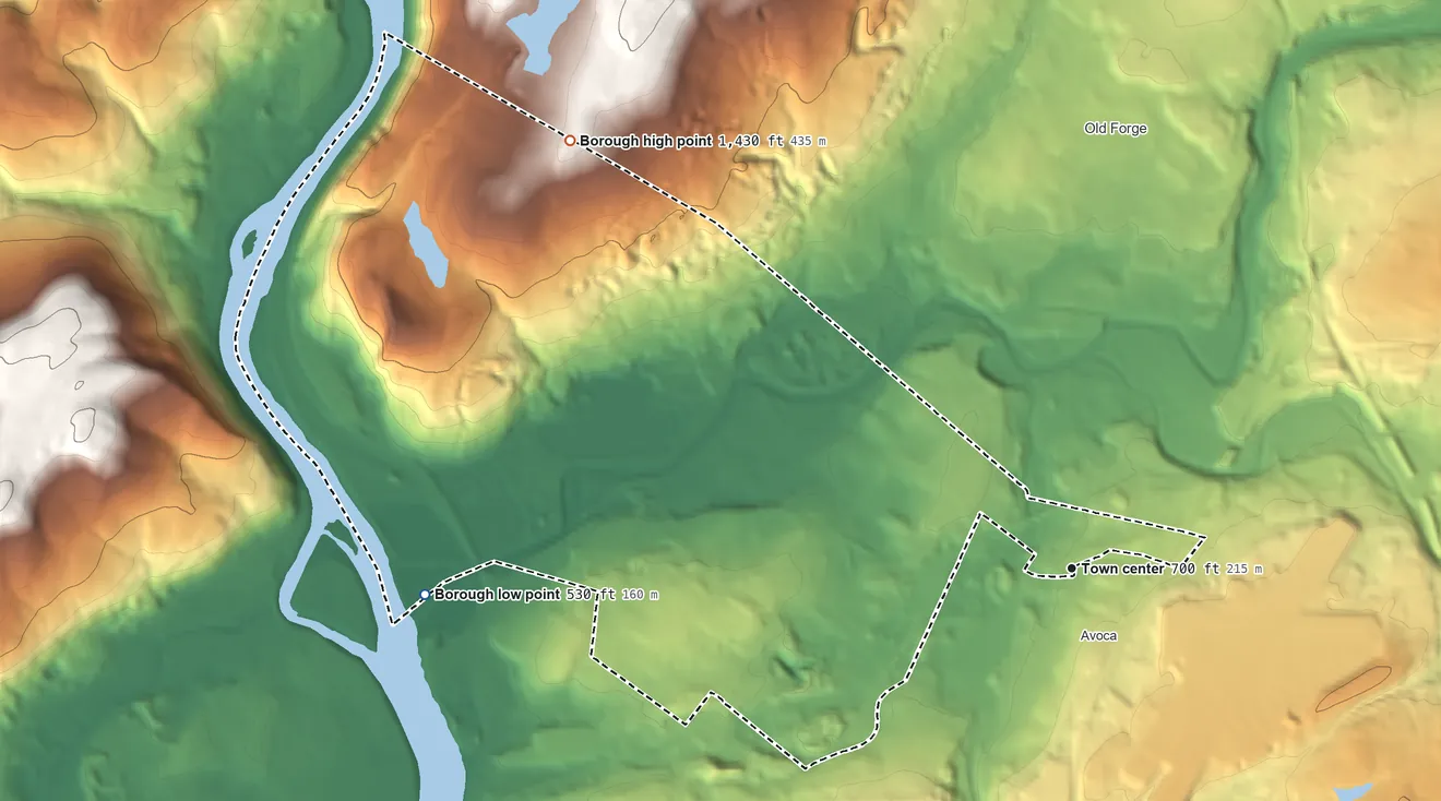 Topographic elevation map of Duryea, Pennsylvania, shaded from 530 ft on the west side to 1,430 ft on the northwest side