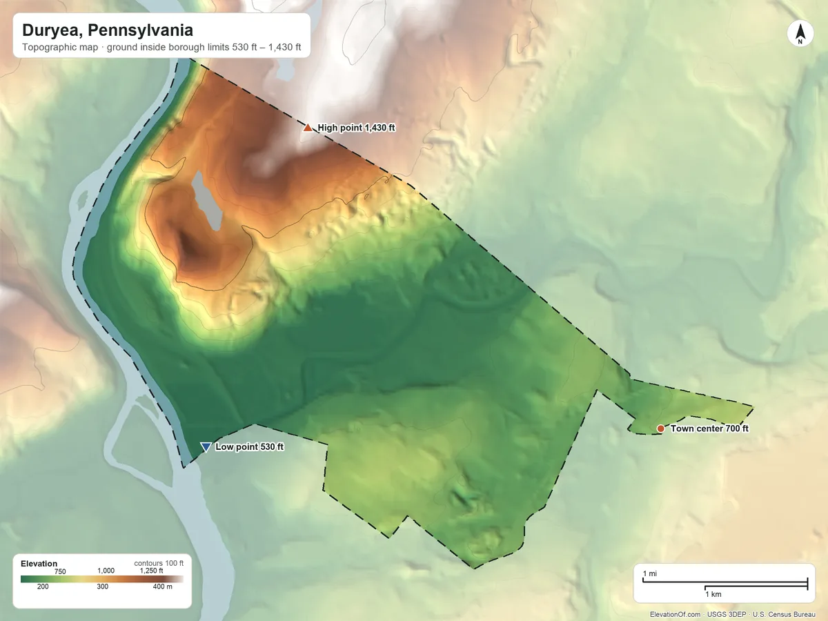 Topographic elevation map of Duryea, Pennsylvania, shaded from 530 ft on the west side to 1,430 ft on the northwest side