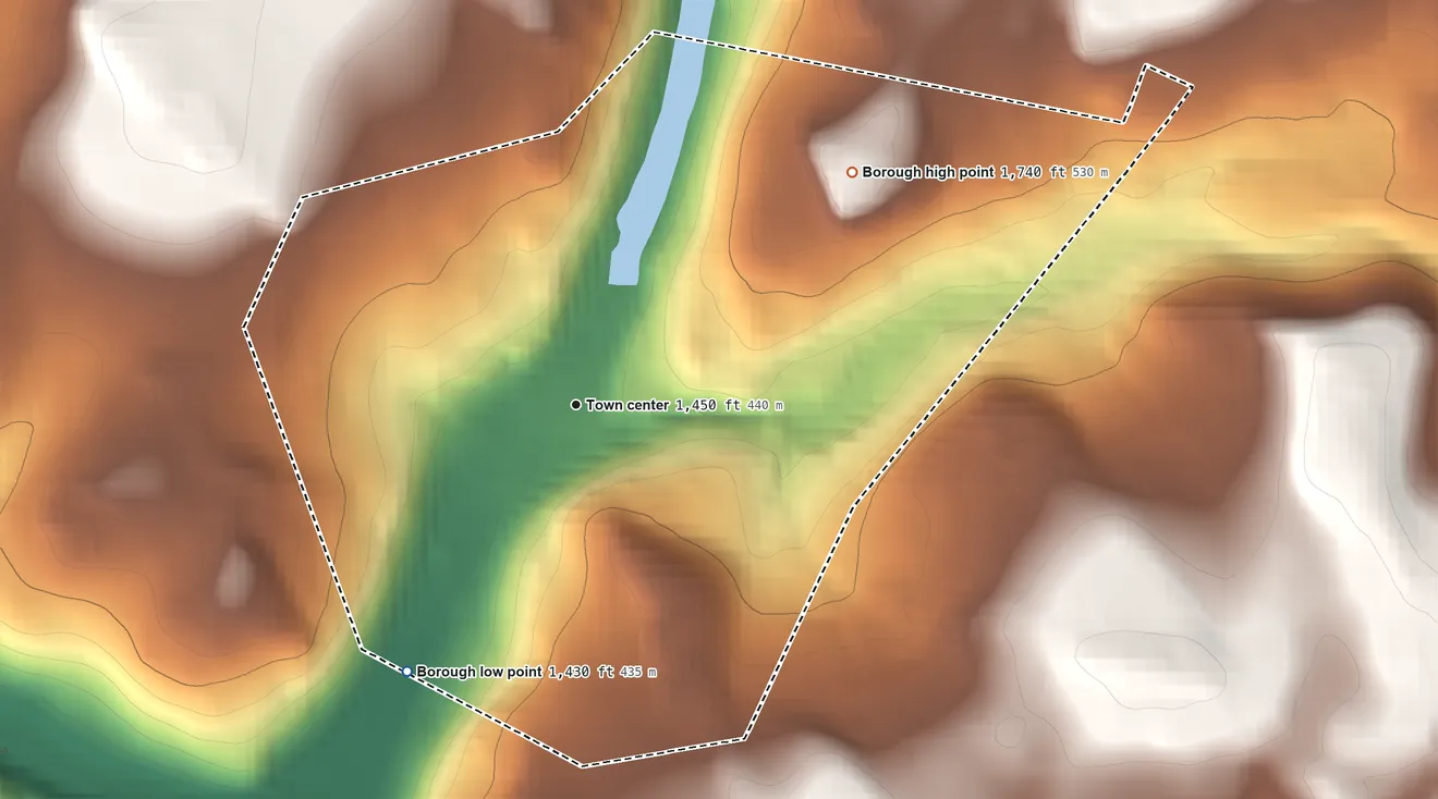 Topographic elevation map of Dushore, Pennsylvania, shaded from 1,430 ft on the southwest side to 1,740 ft on the northeast edge, below higher ground just outside