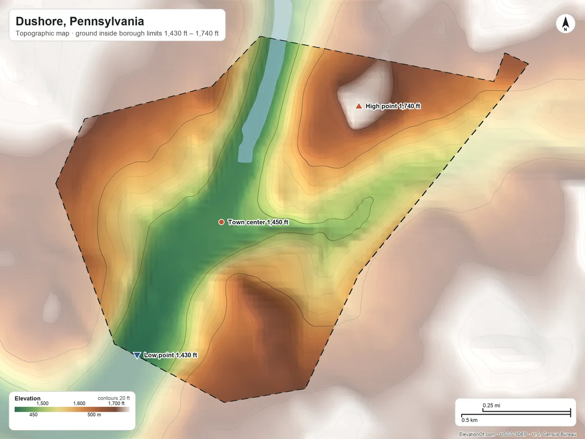 Topographic elevation map of Dushore, Pennsylvania, shaded from 1,430 ft on the southwest side to 1,740 ft on the northeast edge, below higher ground just outside