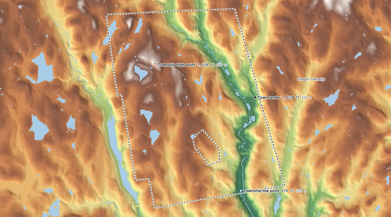 Topographic elevation map of Dyberry Township, Pennsylvania, shaded from 970 ft on the south side to 1,650 ft on the west side