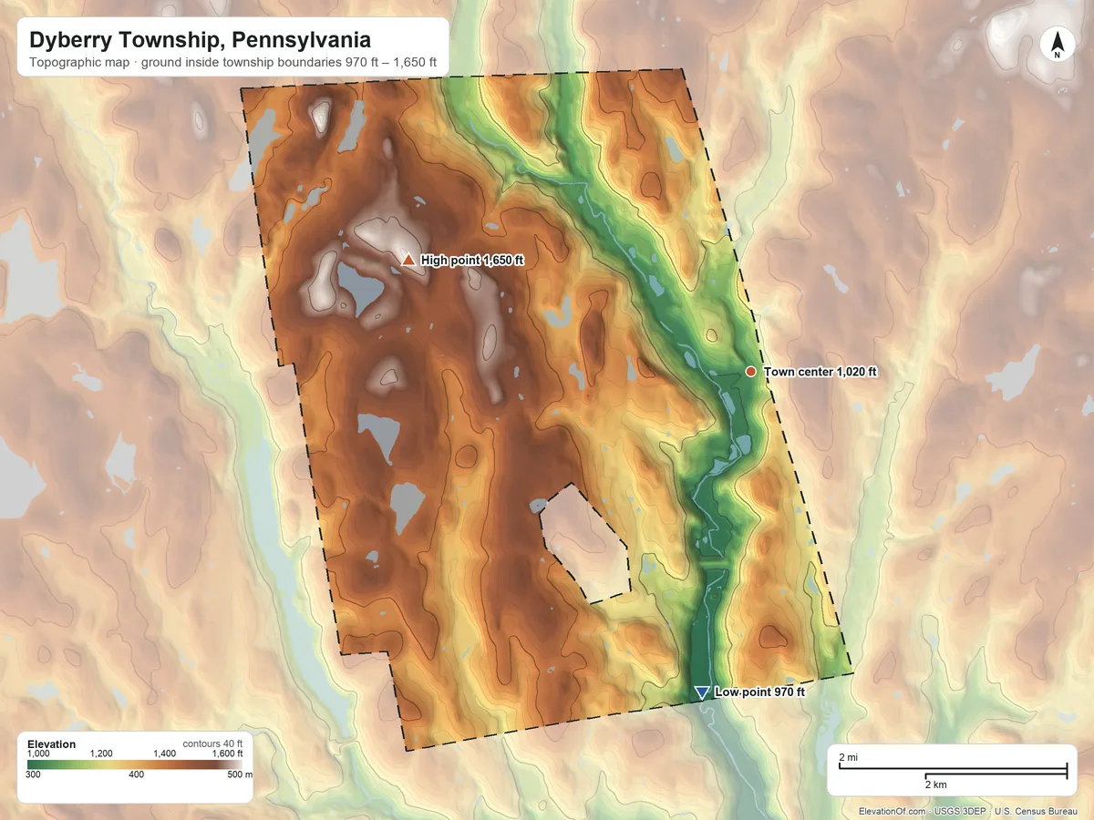 Topographic elevation map of Dyberry Township, Pennsylvania, shaded from 970 ft on the south side to 1,650 ft on the west side