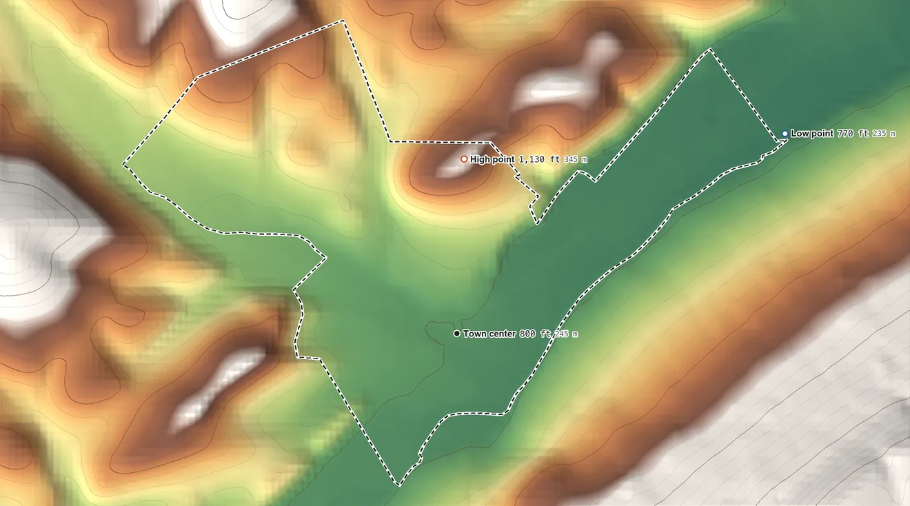 Topographic elevation map of Eagle Creek, Pennsylvania, shaded from 770 ft on the northeast side to 1,130 ft on the north edge, below higher ground just outside