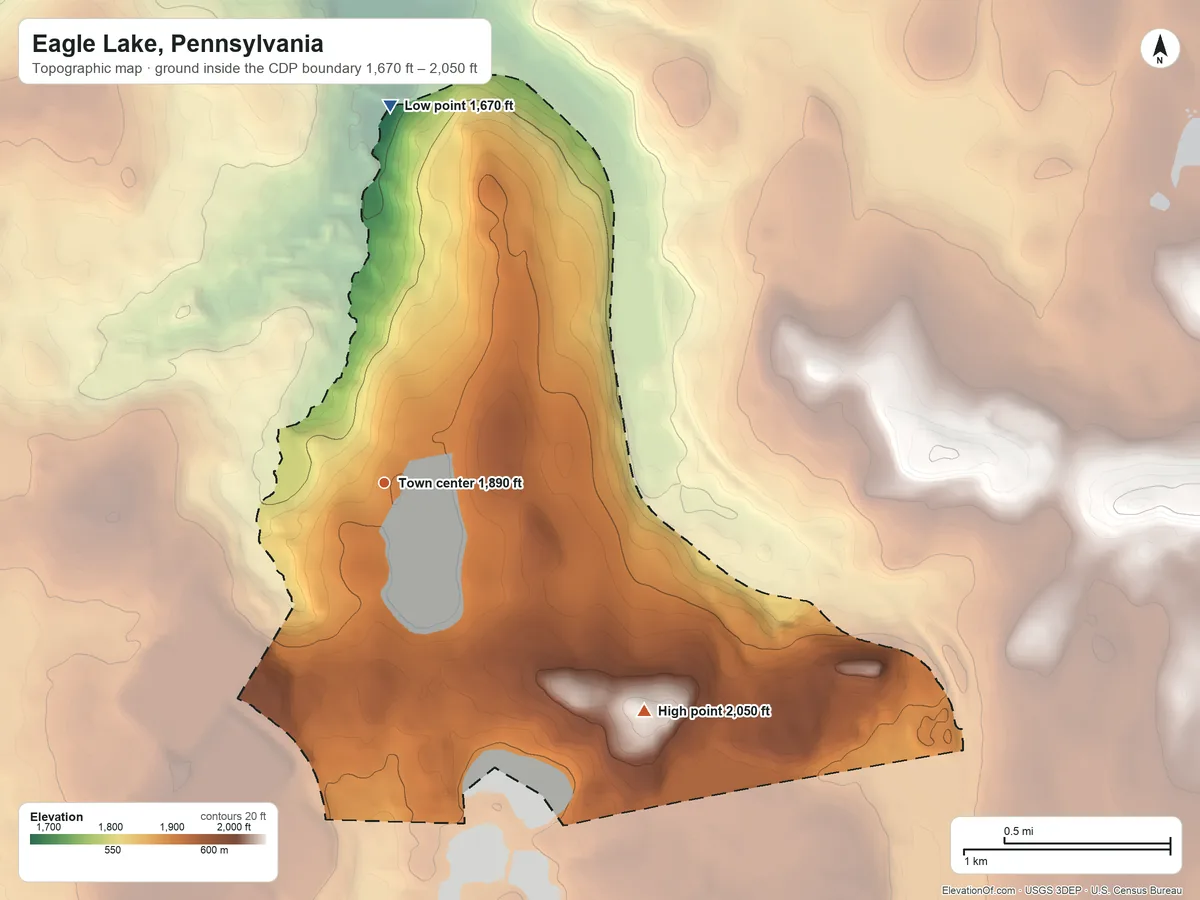 Topographic elevation map of Eagle Lake, Pennsylvania, shaded from 1,670 ft on the north side to 2,050 ft on the southeast side
