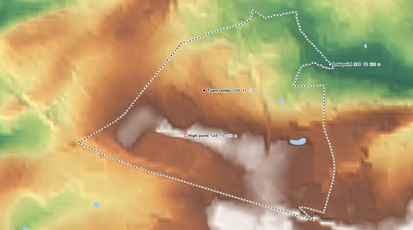 Topographic elevation map of Eagle, Pennsylvania, shaded from 390 ft on the east side to 540 ft on the south side