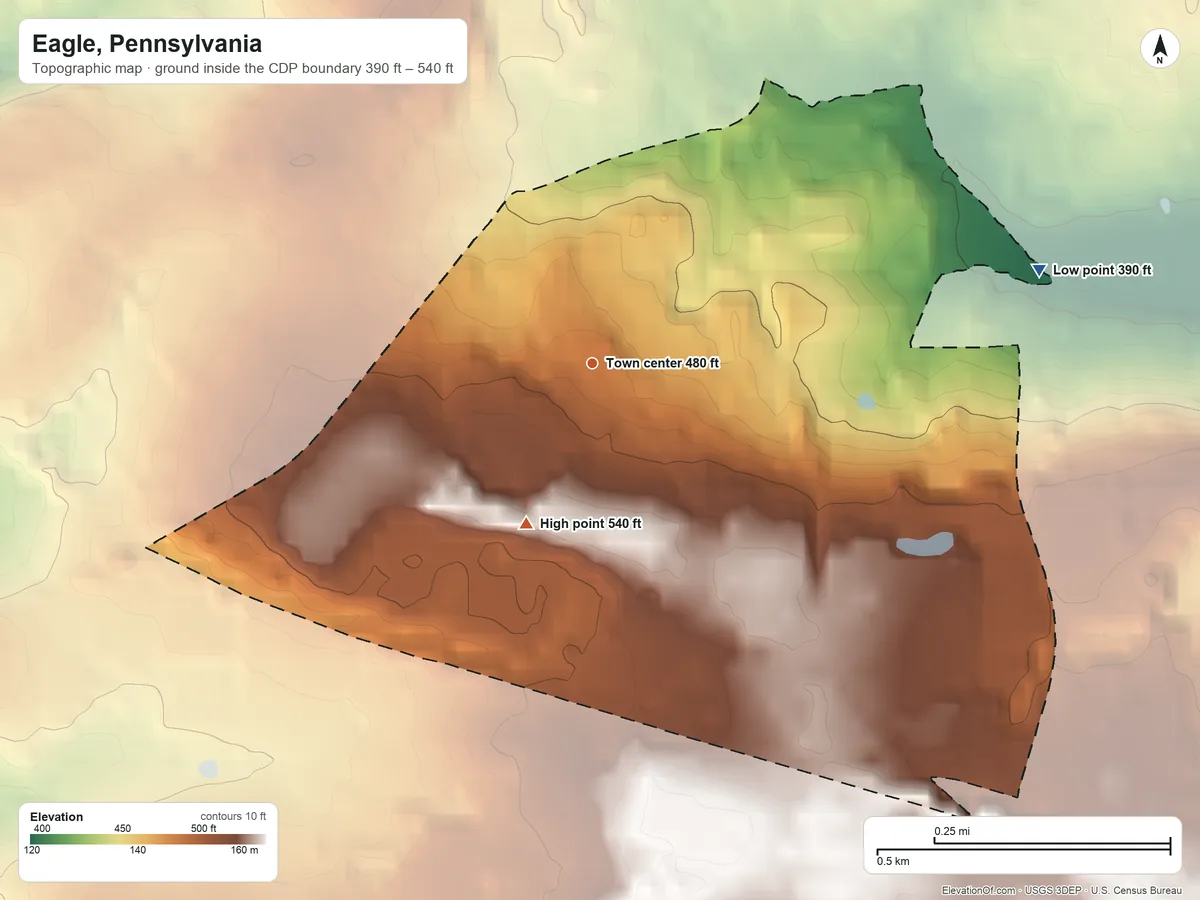 Topographic elevation map of Eagle, Pennsylvania, shaded from 390 ft on the east side to 540 ft on the south side