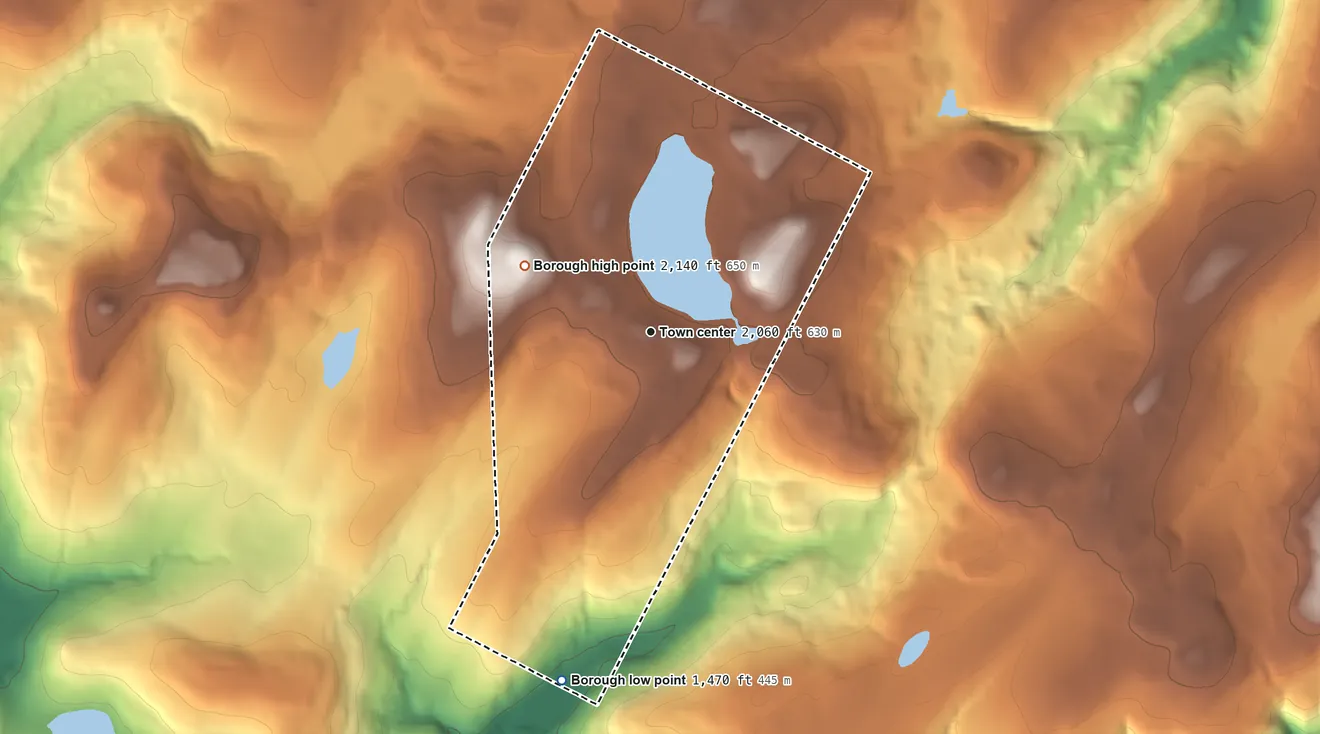 Topographic elevation map of Eagles Mere, Pennsylvania, shaded from 1,470 ft on the south side to 2,140 ft on Prospect Hill