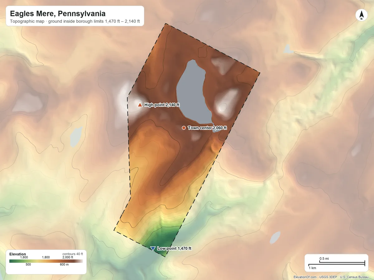 Topographic elevation map of Eagles Mere, Pennsylvania, shaded from 1,470 ft on the south side to 2,140 ft on Prospect Hill