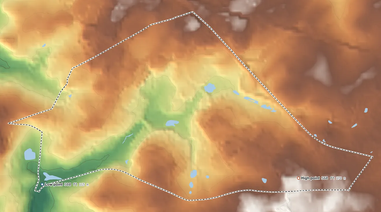 Topographic elevation map of Eagleview, Pennsylvania, shaded from 380 ft on the southwest side to 560 ft on the east side