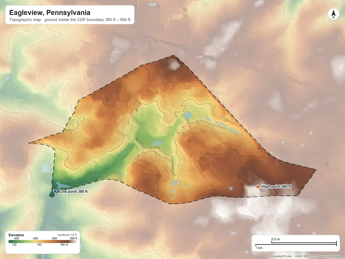 Topographic elevation map of Eagleview, Pennsylvania, shaded from 380 ft on the southwest side to 560 ft on the east side
