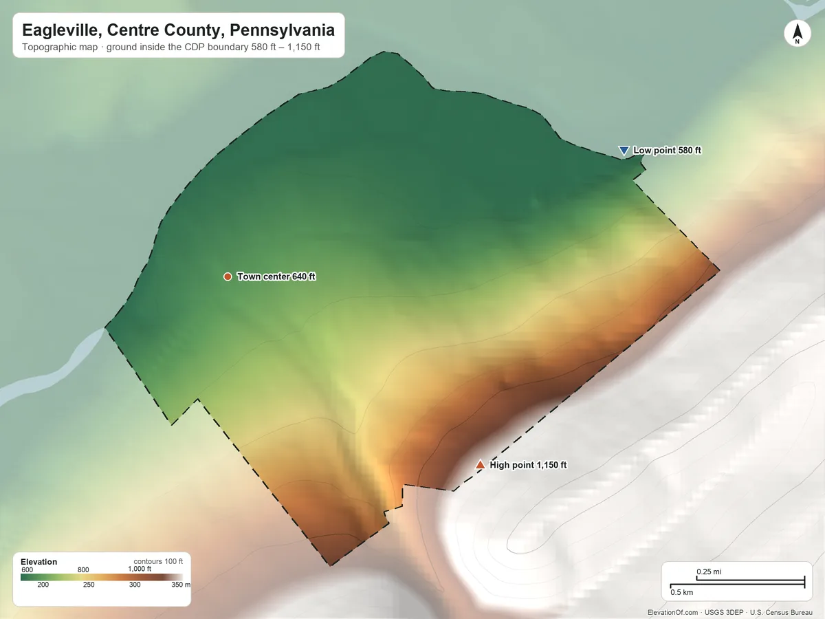 Topographic elevation map of Eagleville, Centre County, Pennsylvania, shaded from 580 ft on the east side to 1,150 ft on the southeast edge, below higher ground just outside