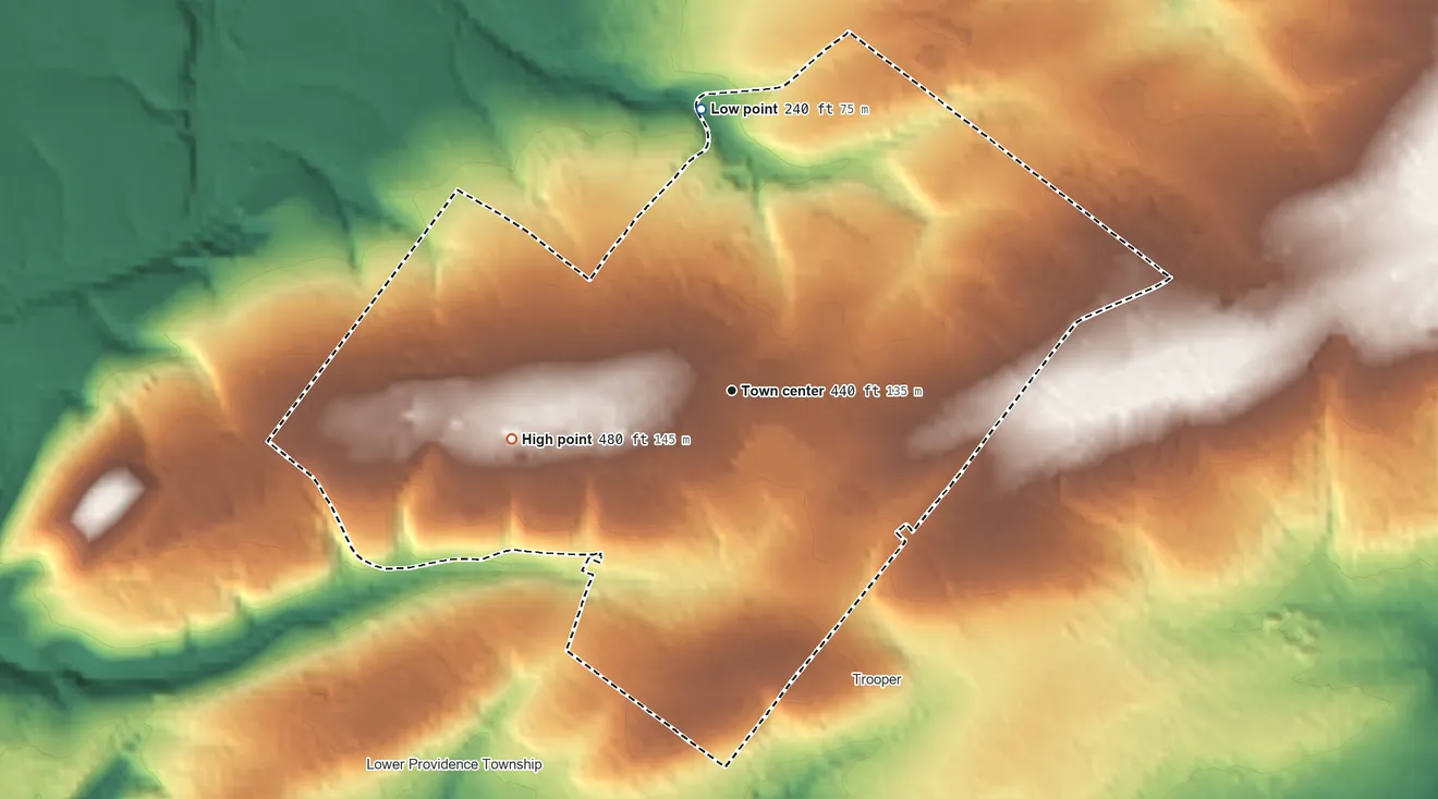Topographic elevation map of Eagleville, Pennsylvania, shaded from 240 ft on the north side to 480 ft on the west side