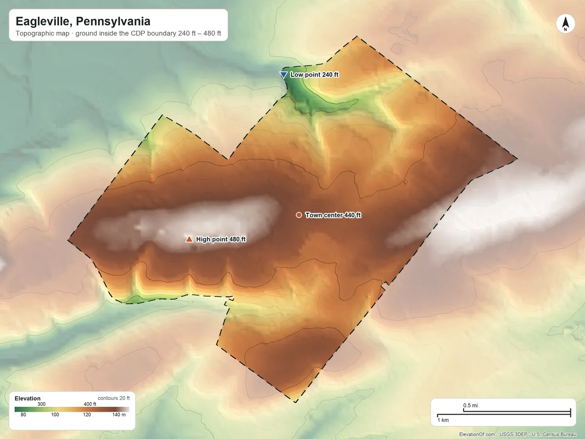 Topographic elevation map of Eagleville, Pennsylvania, shaded from 240 ft on the north side to 480 ft on the west side