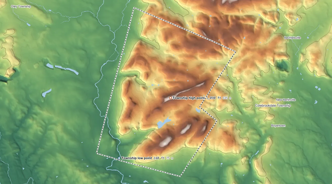 Topographic elevation map of Earl Township, Berks County, Pennsylvania, shaded from 240 ft on the southwest side to 1,090 ft on Long Hill