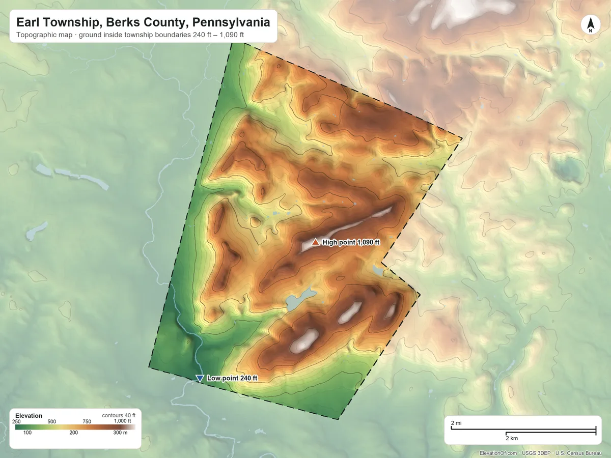 Topographic elevation map of Earl Township, Berks County, Pennsylvania, shaded from 240 ft on the southwest side to 1,090 ft on Long Hill