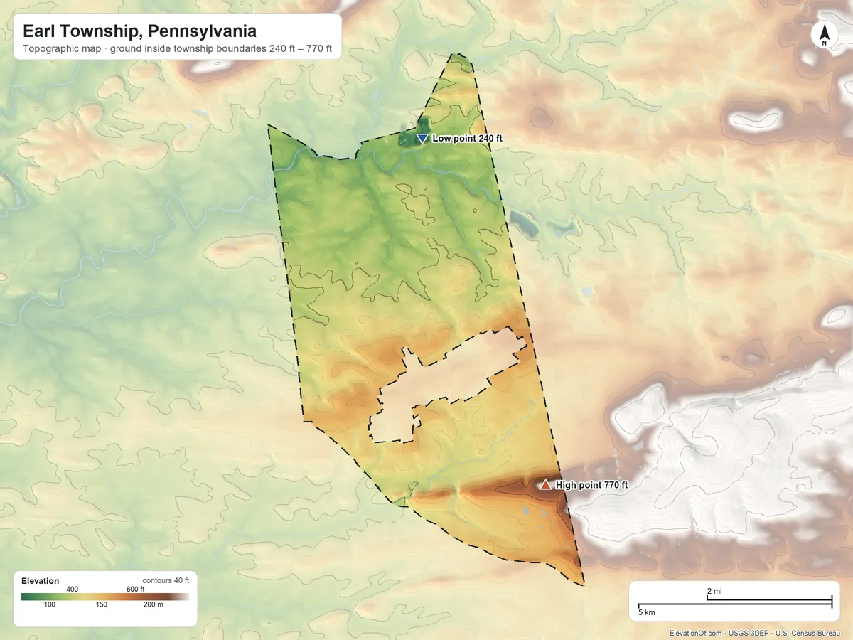 Topographic elevation map of Earl Township, Pennsylvania, shaded from 240 ft on the north side to 770 ft on the southeast side