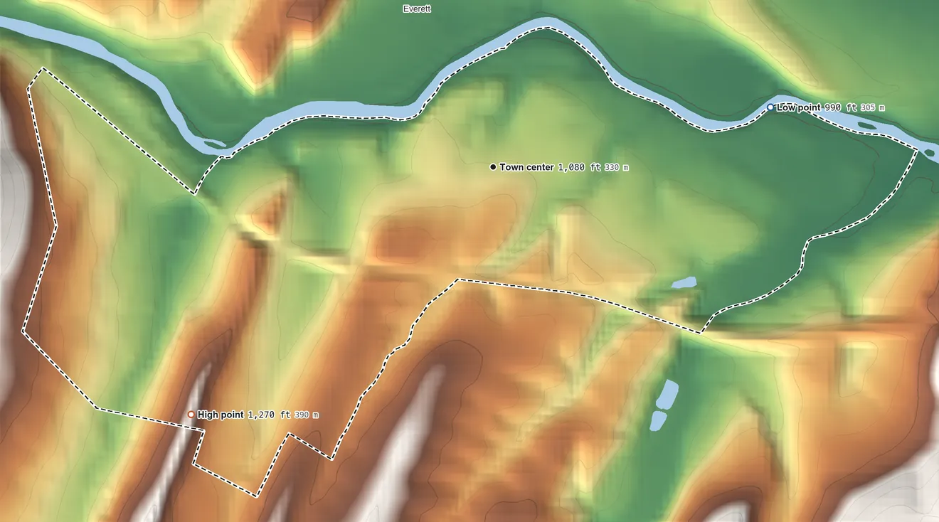 Topographic elevation map of Earlston, Pennsylvania, shaded from 990 ft on the east side to 1,270 ft at the foot of the Tussey Mountain