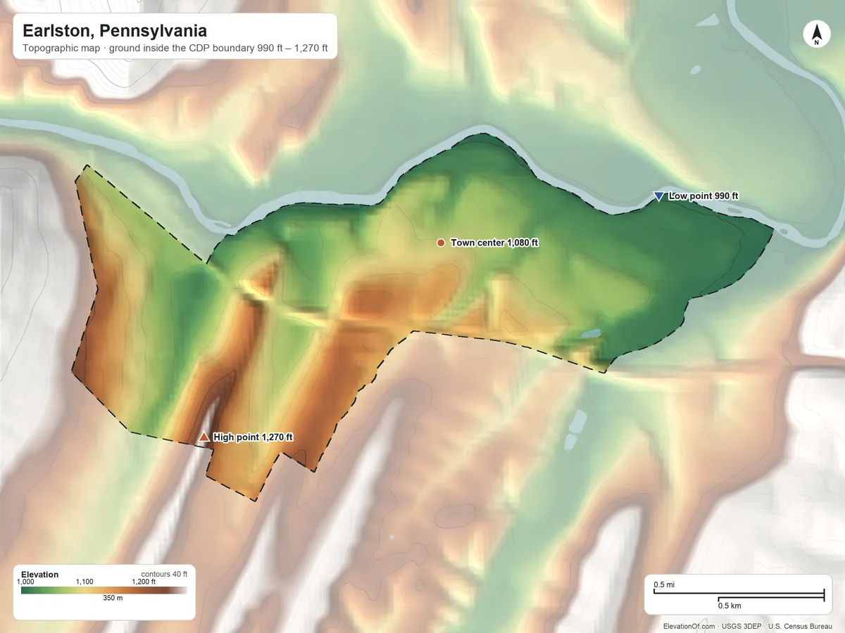 Topographic elevation map of Earlston, Pennsylvania, shaded from 990 ft on the east side to 1,270 ft at the foot of the Tussey Mountain