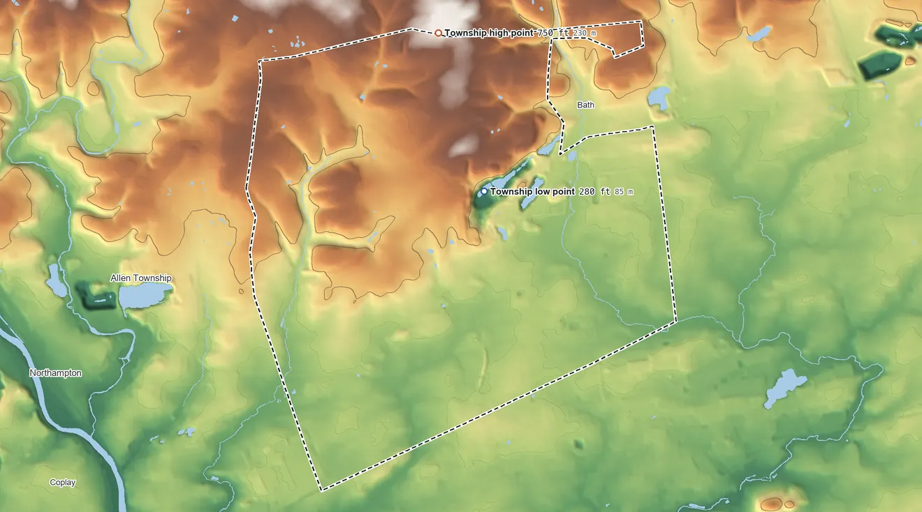 Topographic elevation map of East Allen Township, Pennsylvania, shaded from 280 ft near the middle to 750 ft on the north side