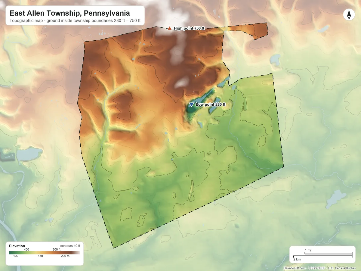 Topographic elevation map of East Allen Township, Pennsylvania, shaded from 280 ft near the middle to 750 ft on the north side