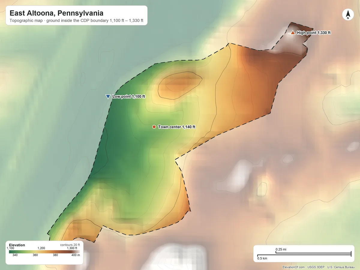 Topographic elevation map of East Altoona, Pennsylvania, shaded from 1,100 ft on the northwest side to 1,330 ft on the northeast edge, below higher ground just outside