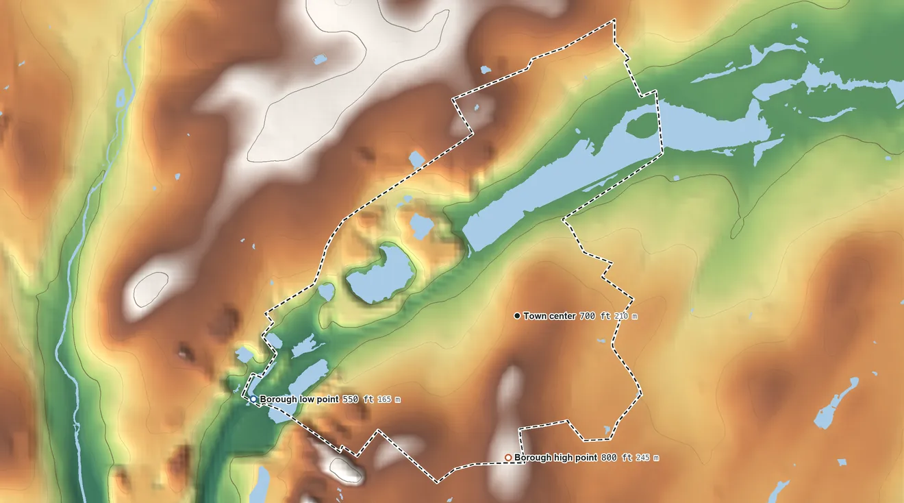 Topographic elevation map of East Bangor, Pennsylvania, shaded from 550 ft on the west side to 800 ft on the south side