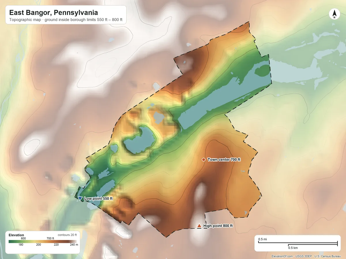 Topographic elevation map of East Bangor, Pennsylvania, shaded from 550 ft on the west side to 800 ft on the south side